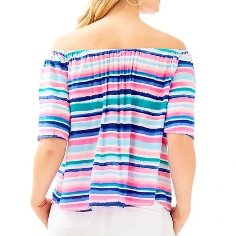 Lilly Pulitzer Off the Shoulder Sain Top in Sandy Shell Stripe Multicolor Size S - Picture 2 of 12